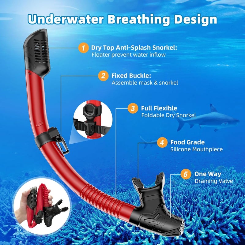 Honlanor Snorkel Set Adults Snorkeling Gear Anti-Leak and Anti-Fog Tempered Glass Lens Panoramic View Swim Mask Dry Top Snorkel Kit for Snorkeling Scuba Diving Swimming Travel with Carry Bag - Image 5